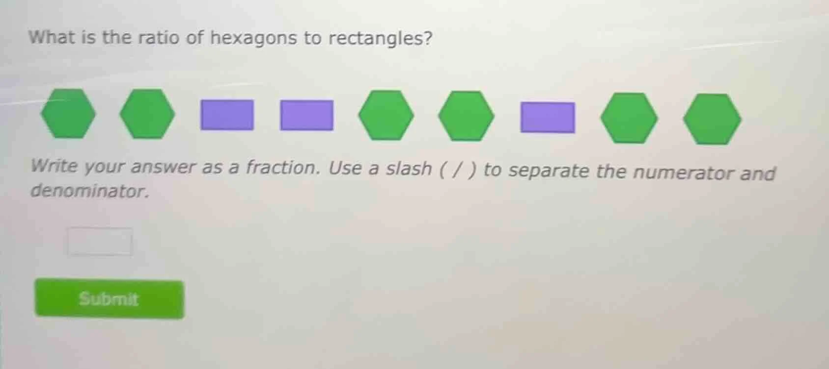 what is the ratio of hexagons to rectangles? write your answer as a fra…