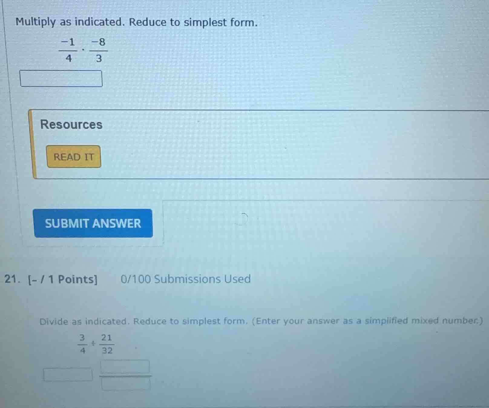 multiply as indicated. reduce to simplest form.$\frac{-1}{4} cdot \frac…