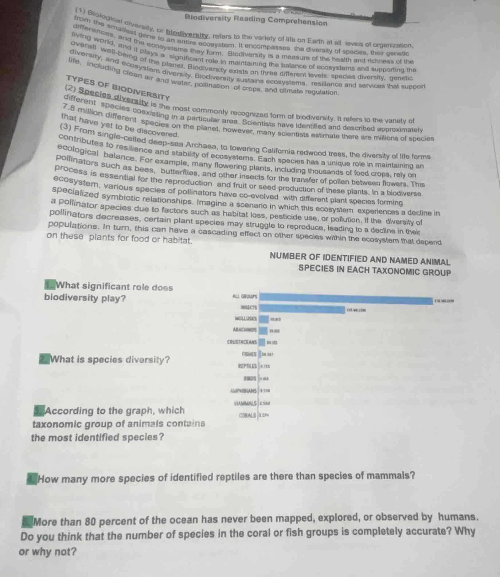 biodiversity reading comprehension(1) biological diversity, or biodiver…