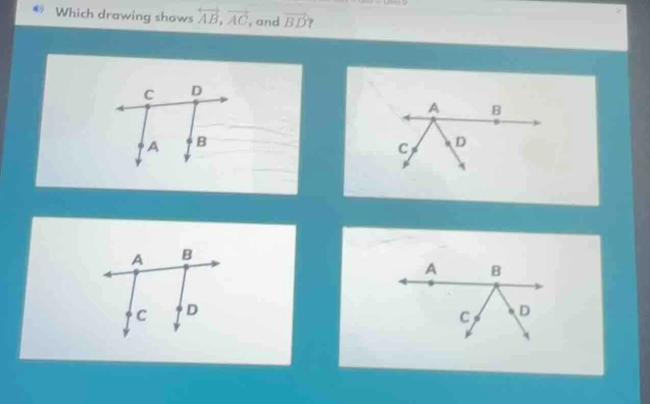 which drawing shows $overrightarrow{ab}$, $overrightarrow{ac}$, and $ov…