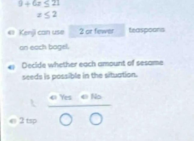 $9 + 6x \\leq 21$ $x \\leq 2$ kenji can use 2 or fewer teaspoons on eac…