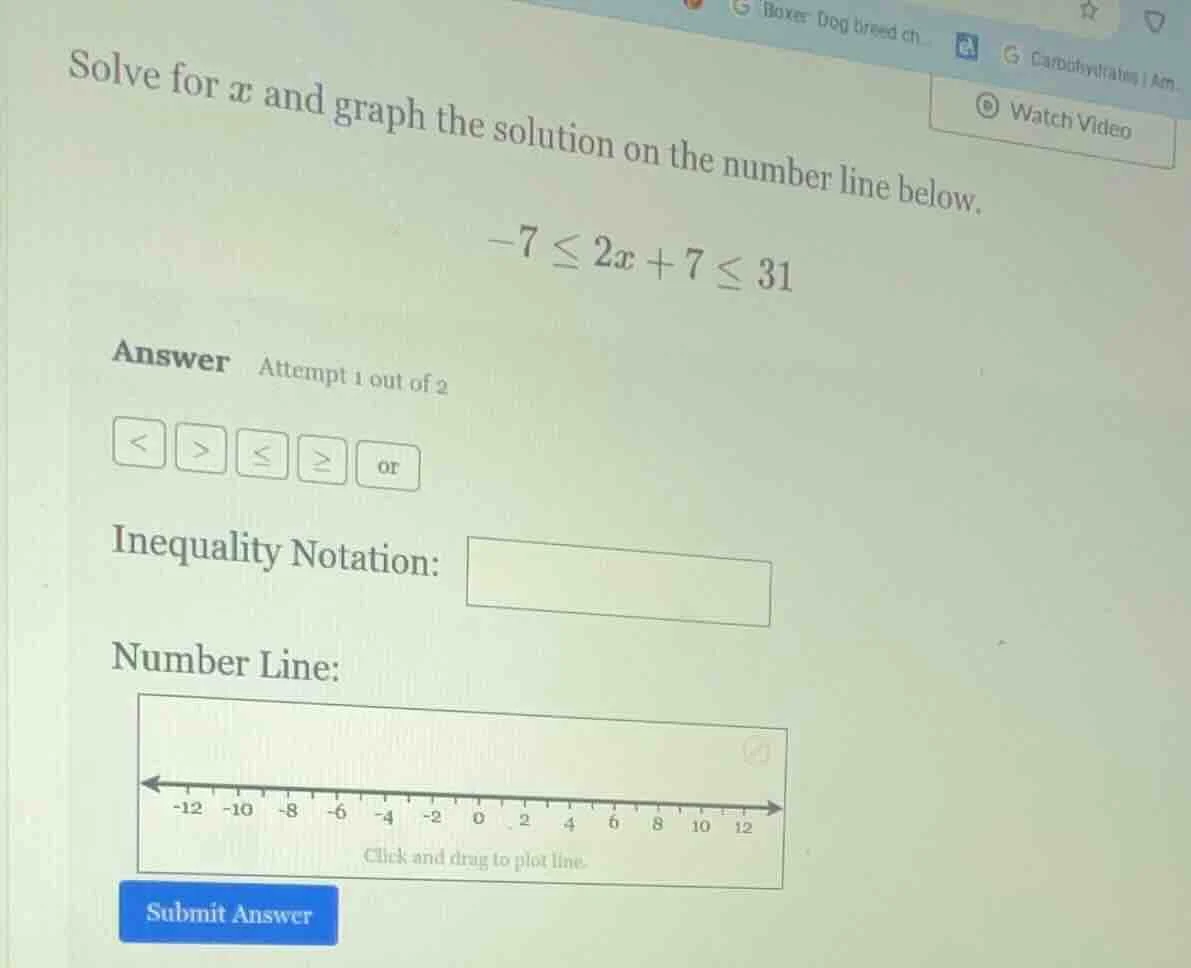 solve for $x$ and graph the solution on the number line below.$-7 \\leq…