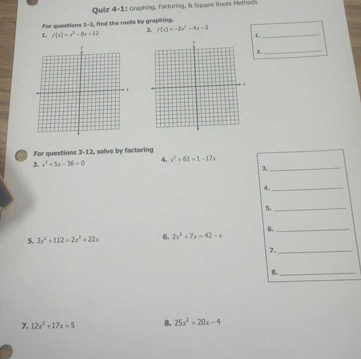 quiz 4-1: graphing, factoring, & square roots methods for questions 1-2…