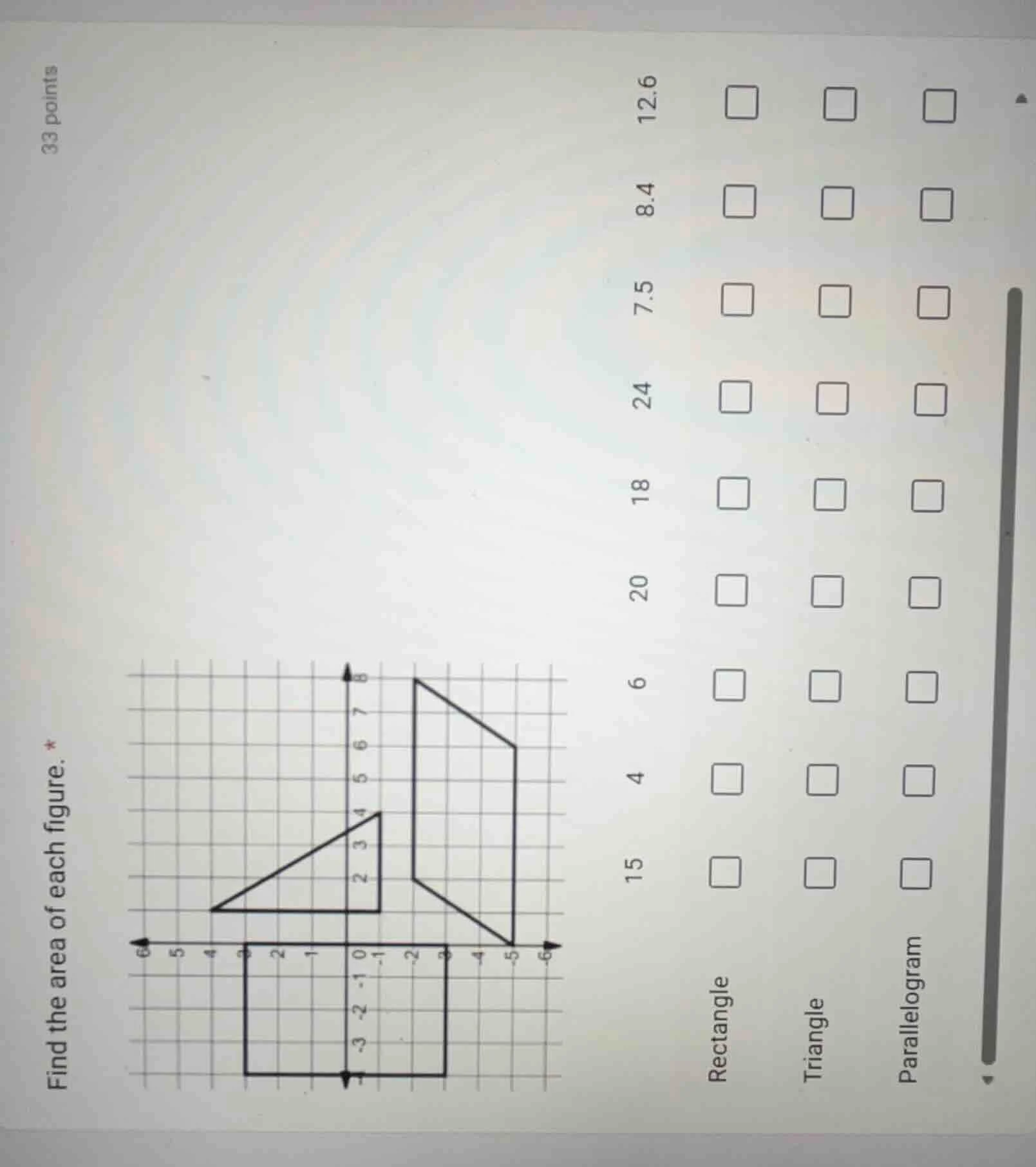 33 points find the area of each figure. * rectangle triangle parallelog…