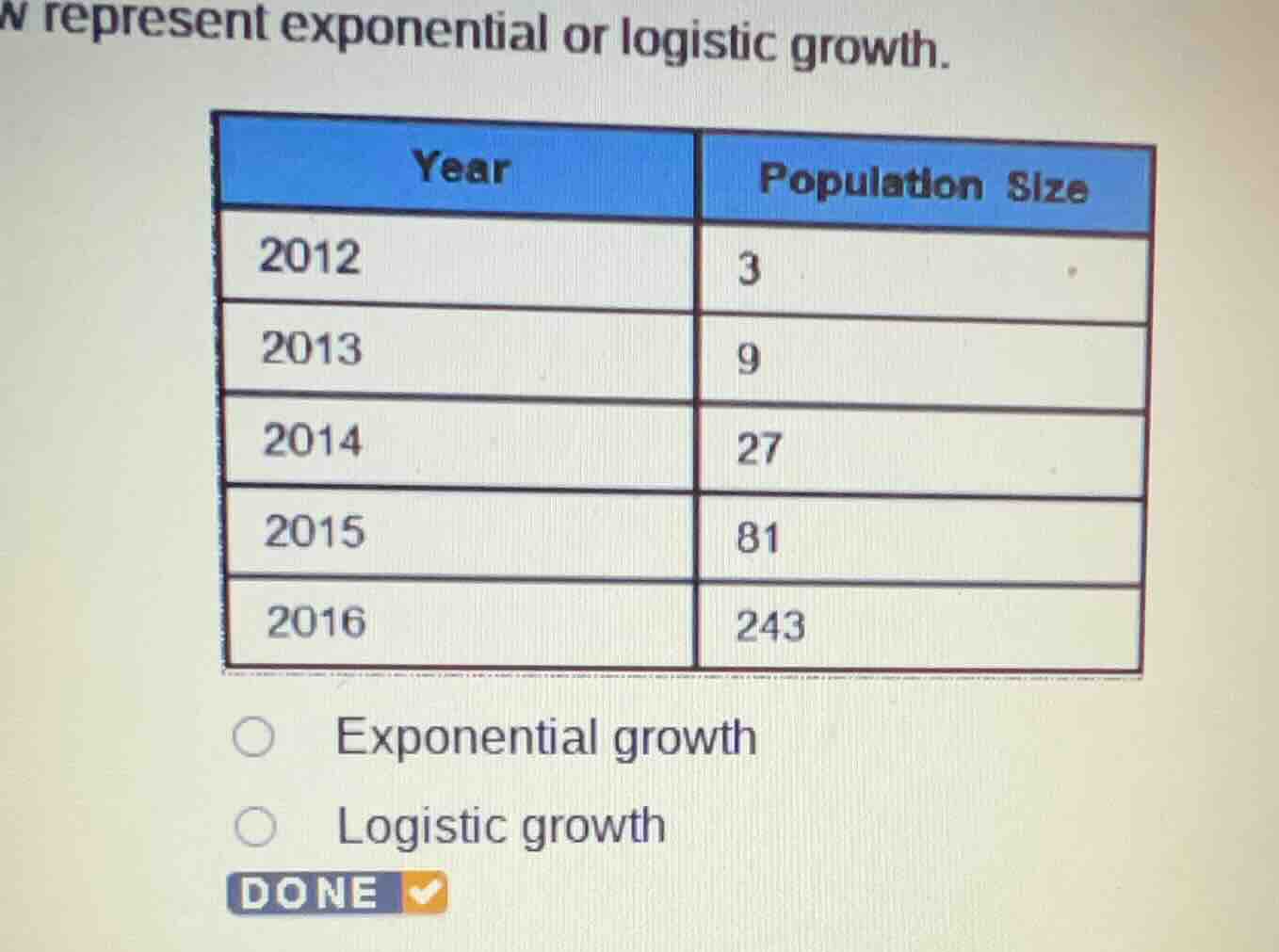 w represent exponential or logistic growth. year | population size 2012…