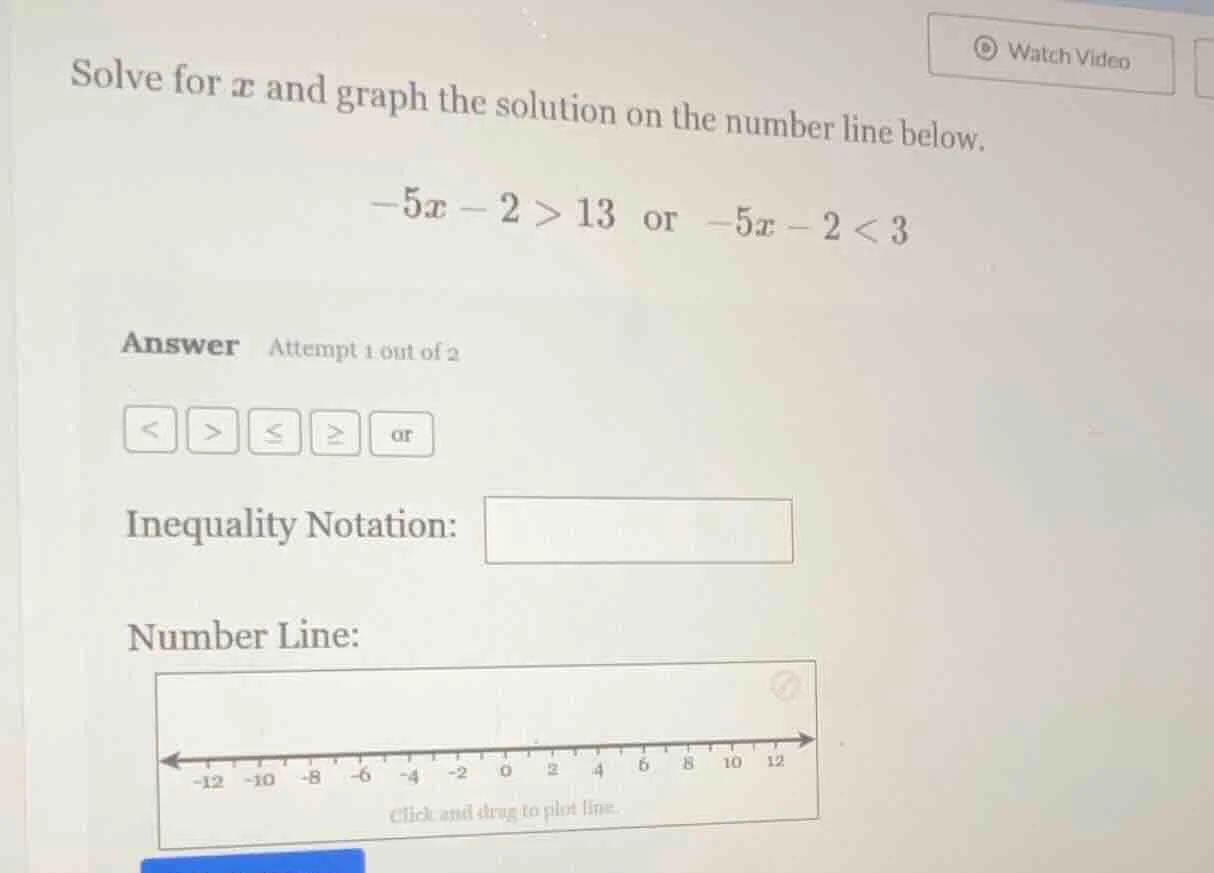 solve for $x$ and graph the solution on the number line below. $-5x - 2…