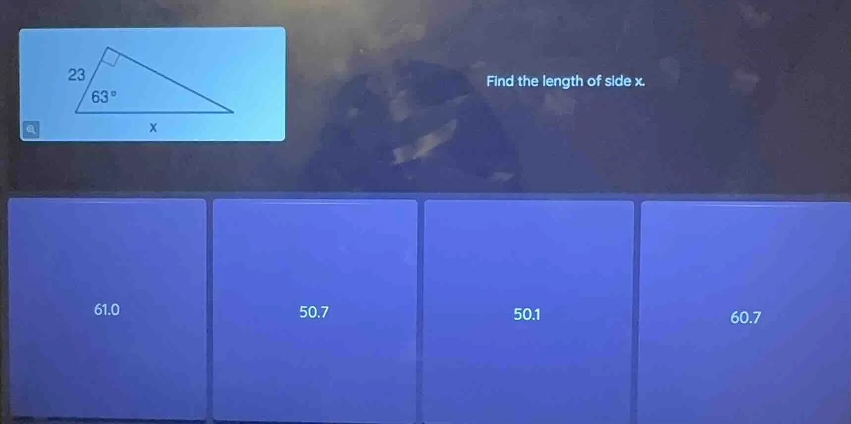 find the length of side x. in a right triangle, one side is 23, one acu…