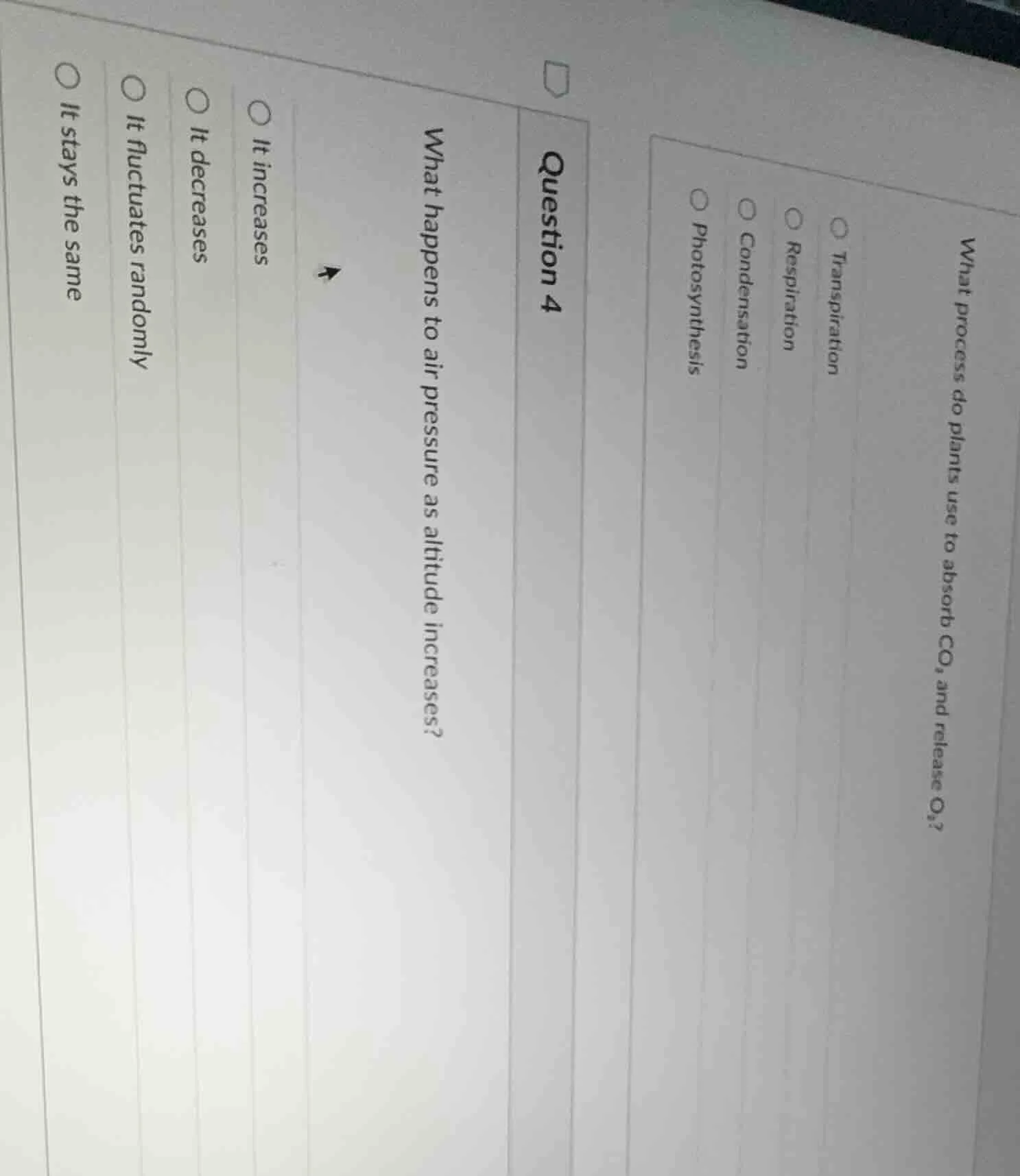 what process do plants use to absorb co₂ and release o₂? ○ transpiratio…
