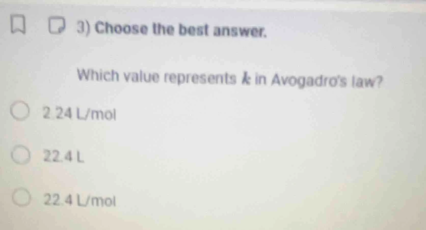3) choose the best answer. which value represents $k$ in avogadros law?…