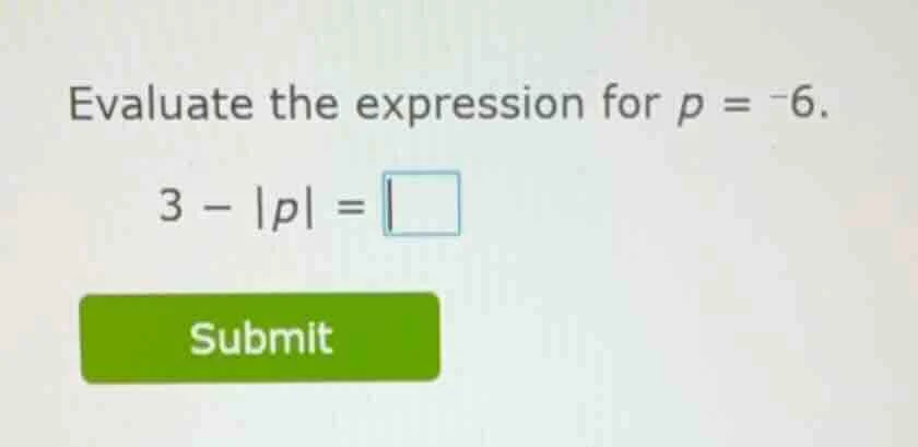 evaluate the expression for $p = -6$. $3 - |p| = \\square$ submit