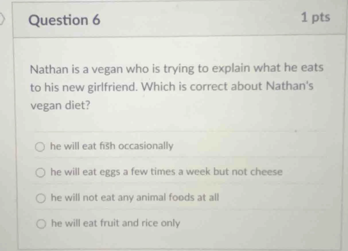 question 6 1 pts nathan is a vegan who is trying to explain what he eat…
