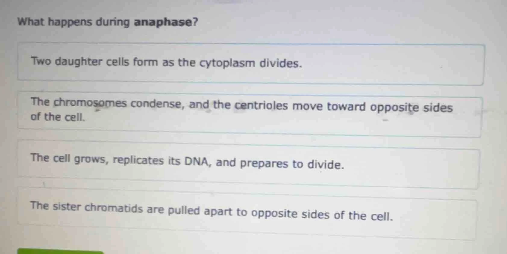 what happens during anaphase? two daughter cells form as the cytoplasm …