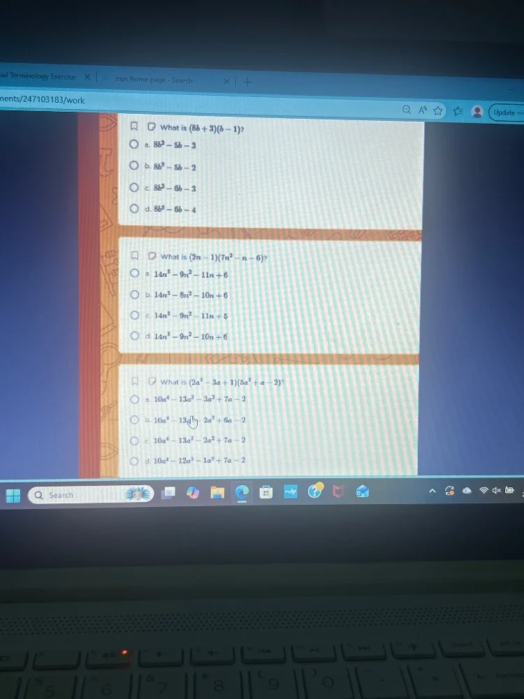 what is $(8b + 3)(b - 1)?$ ○ a. $8b^{2}-5b - 3$ ○ b. $8b^{2}-5b - 2$ ○ …