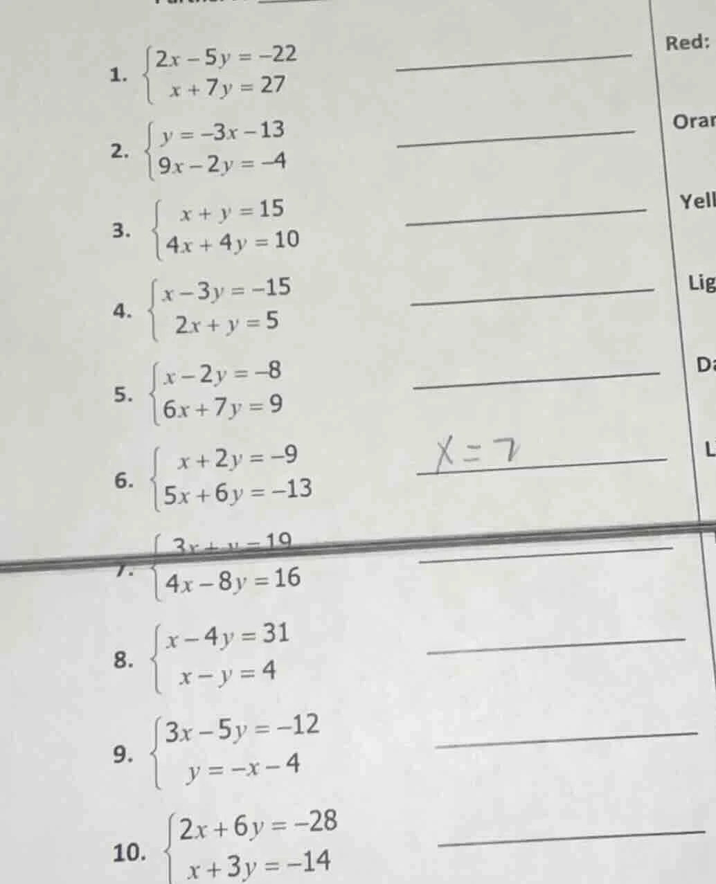 1. $\begin{cases}2x - 5y = -22\\x + 7y = 27end{cases}$2. $\begin{cases}…