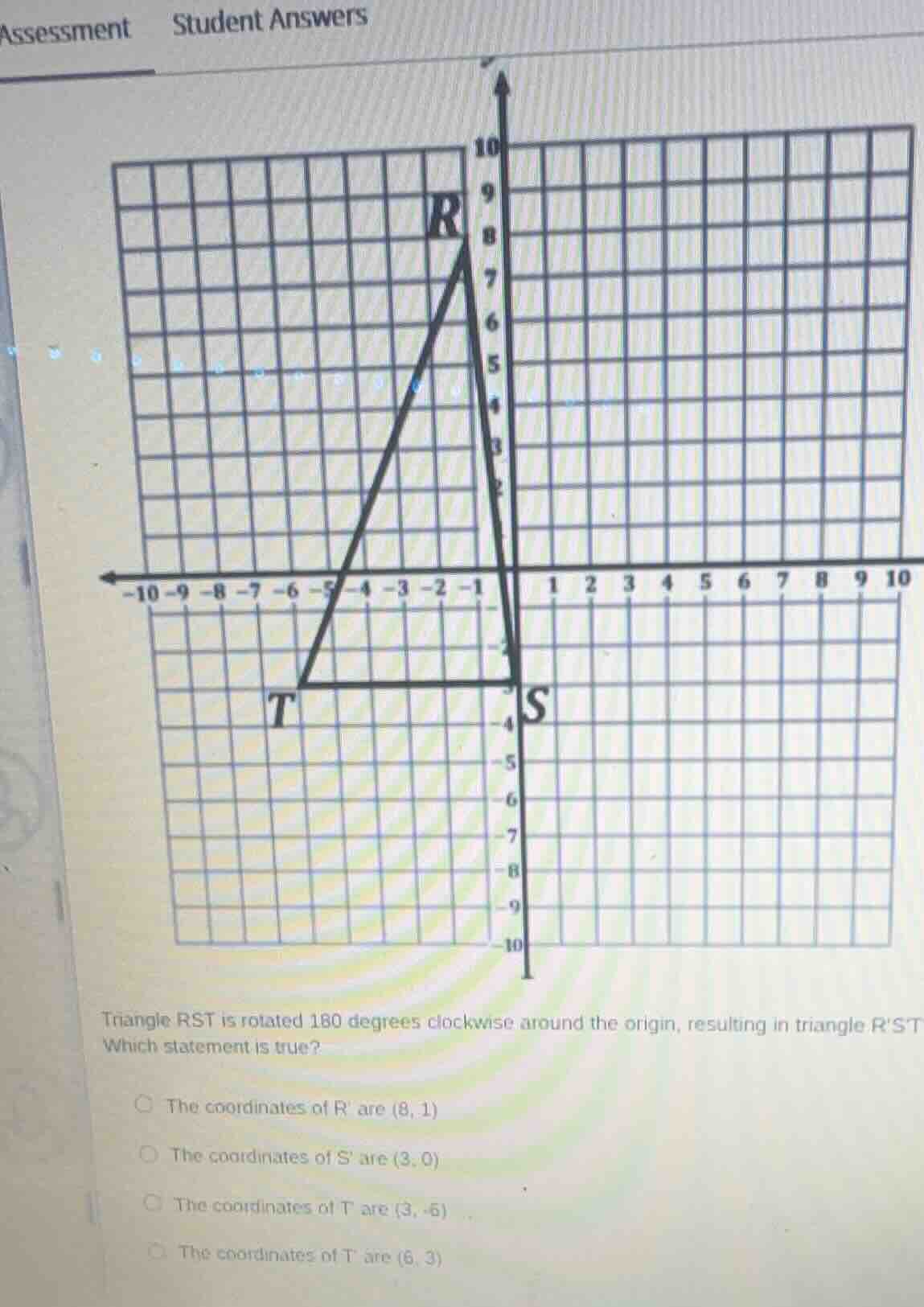 triangle rst is rotated 180 degrees clockwise around the origin, result…