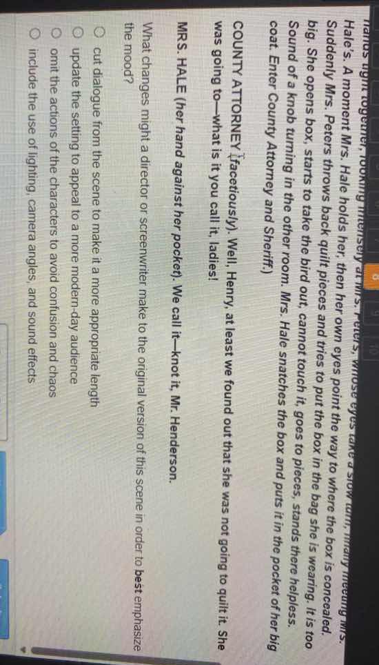 hands tight together, looking intensely at mrs. peters, whose eyes take…