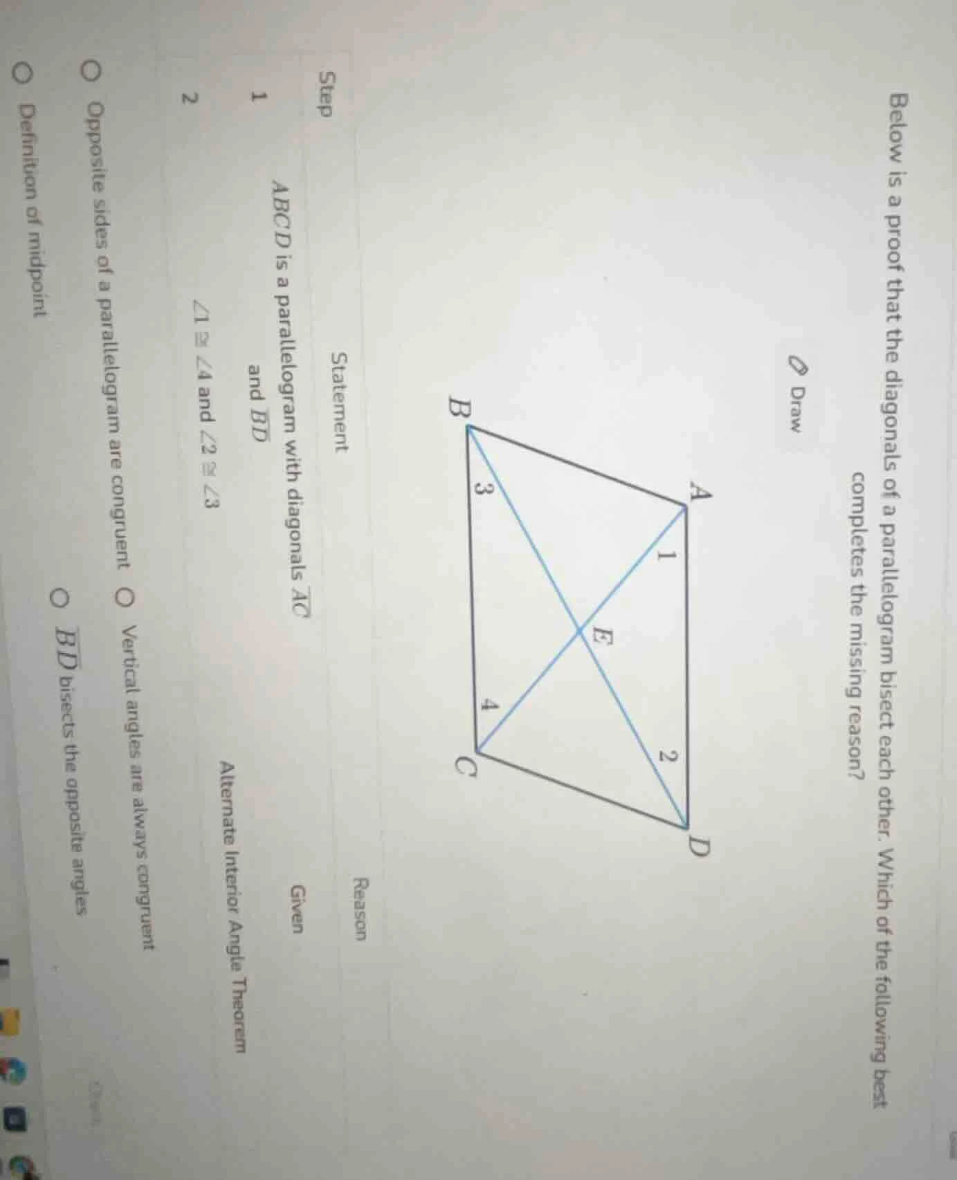 below is a proof that the diagonals of a parallelogram bisect each othe…