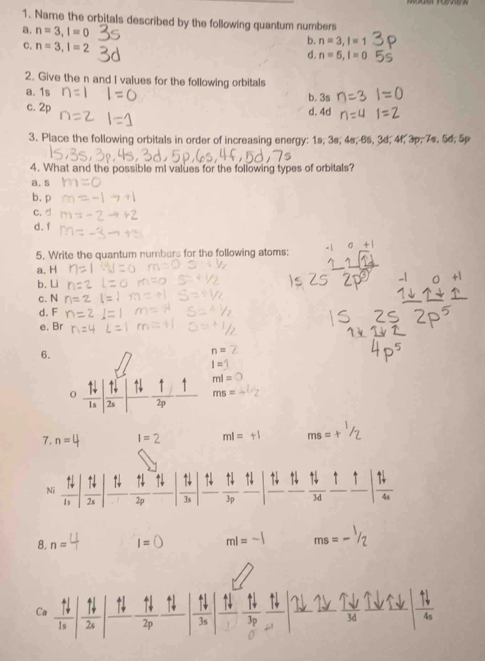 1. name the orbitals described by the following quantum numbersa. $n=3,…