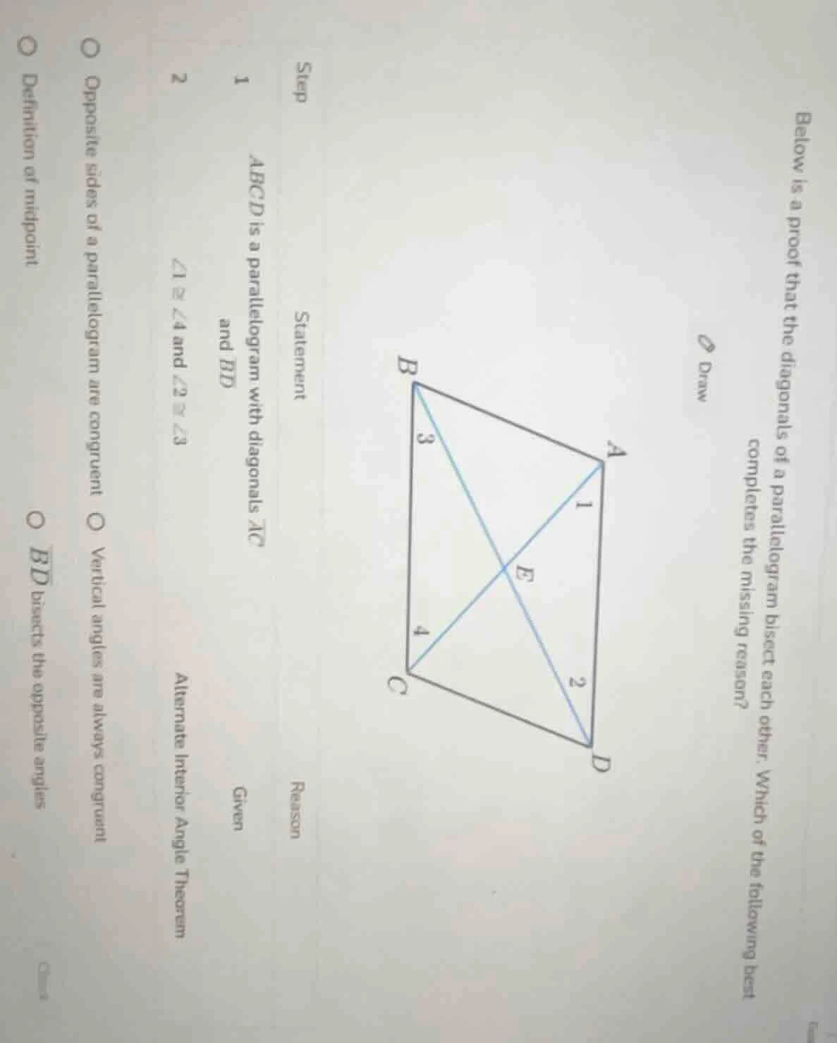 below is a proof that the diagonals of a parallelogram bisect each othe…