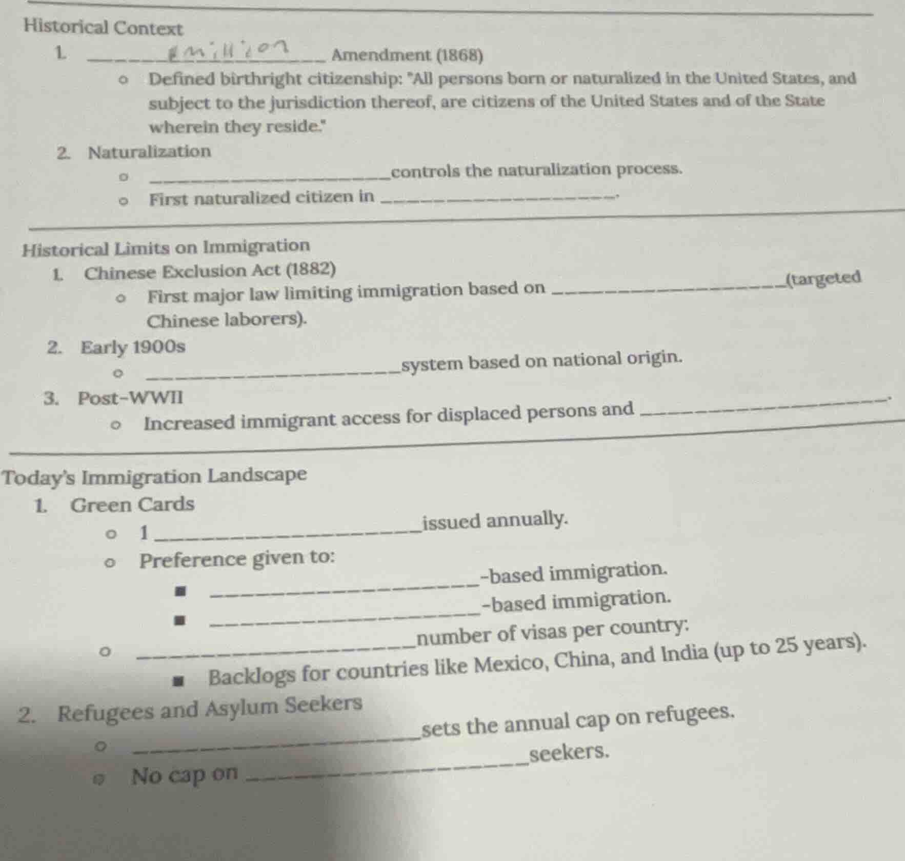 historical context1. ______ amendment (1868)○ defined birthright citize…