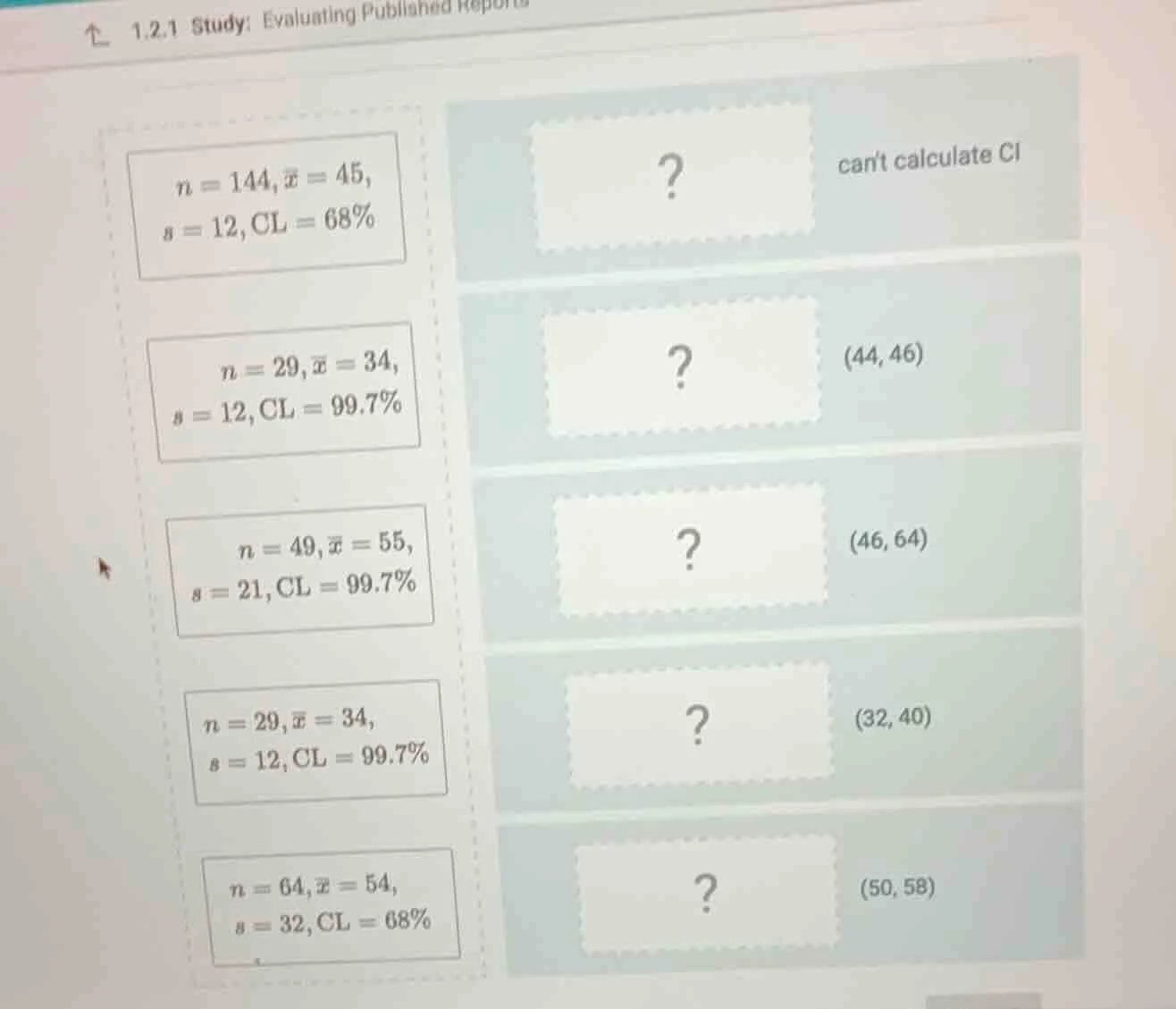 1.2.1 study: evaluating published reports 1. $n = 144, \\bar{x} = 45, s…