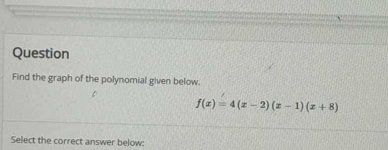 question find the graph of the polynomial given below. $f(x)=4(x-2)(x-1…