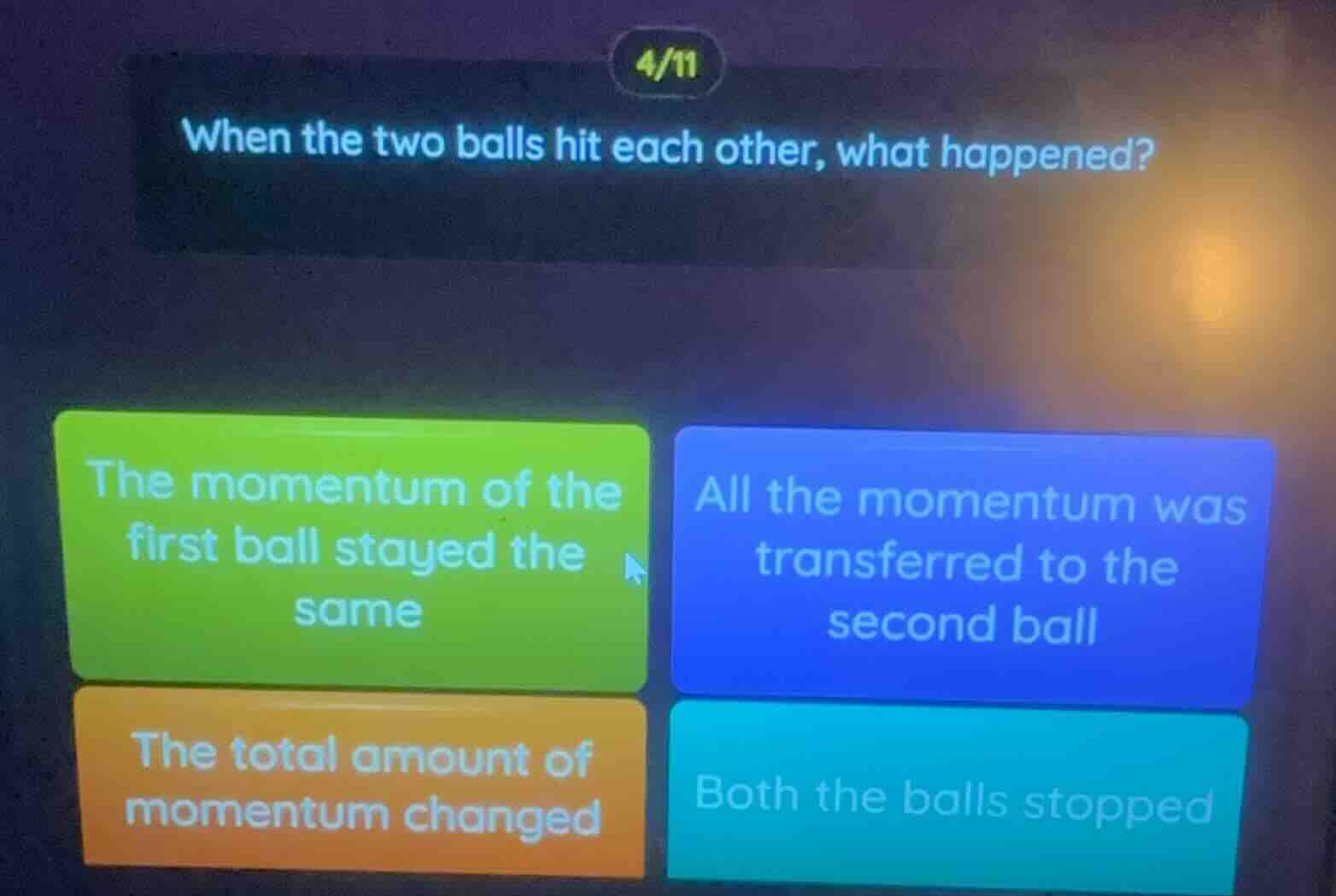 4/11 when the two balls hit each other, what happened? the momentum of …