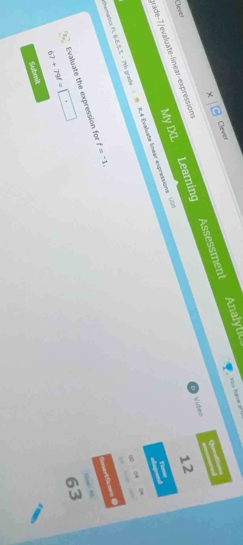 evaluate the expression for $f = -1$. $67 + 79f = \\underline{\\quad\\q…