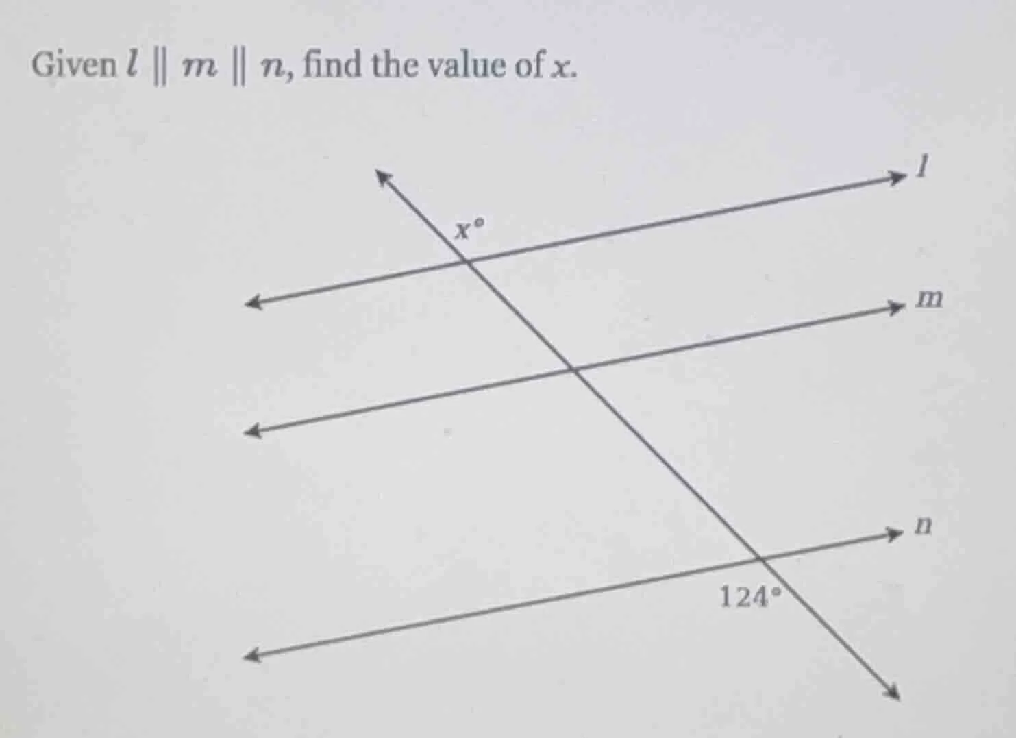given $l \\parallel m \\parallel n$, find the value of $x$.