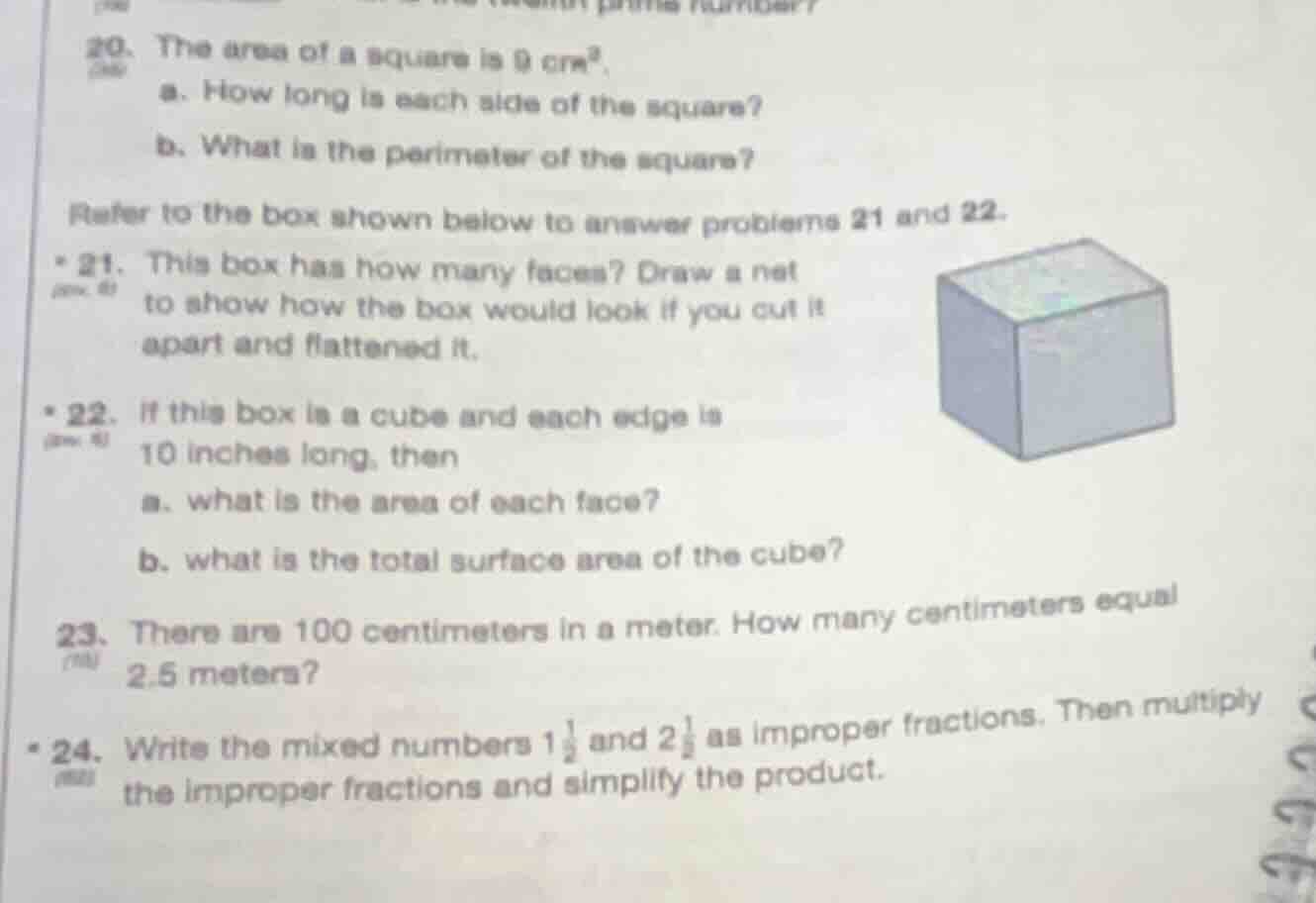 20. the area of a square is $9\\ cm^2$. a. how long is each side of the…