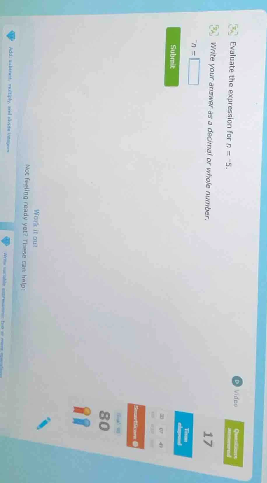 evaluate the expression for $n = -5$. write your answer as a decimal or…