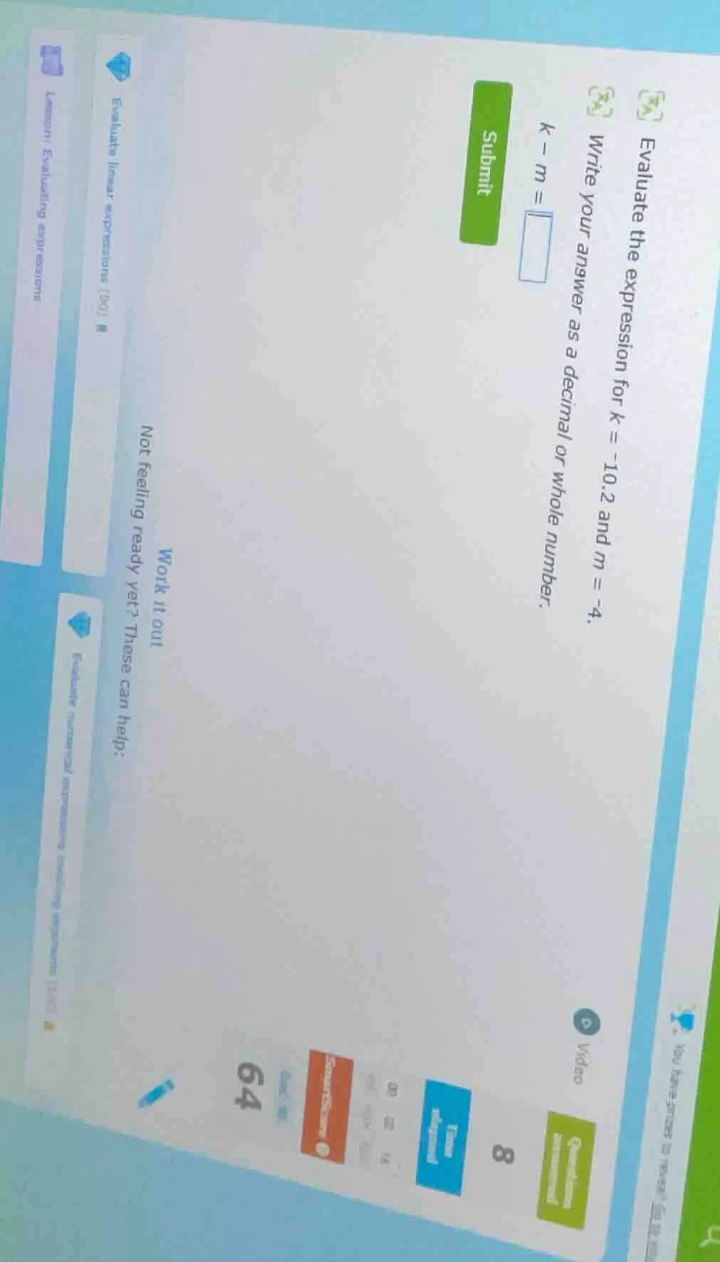 evaluate the expression for k = -10.2 and m = -4. write your answer as …