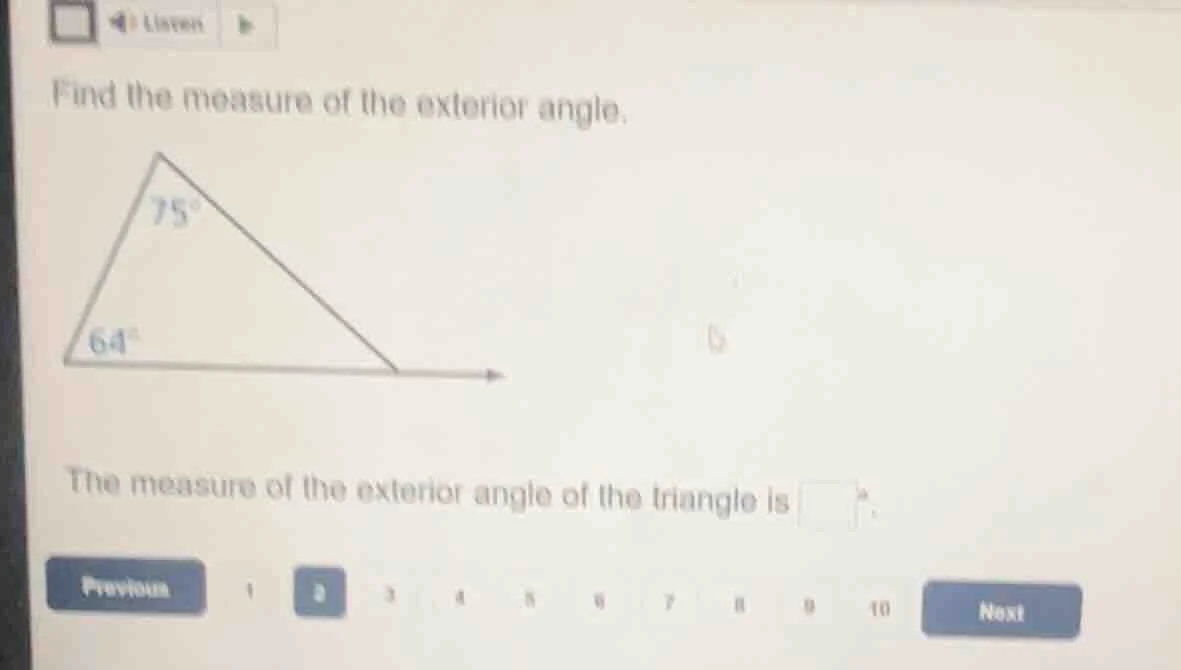 find the measure of the exterior angle. the measure of the exterior ang…