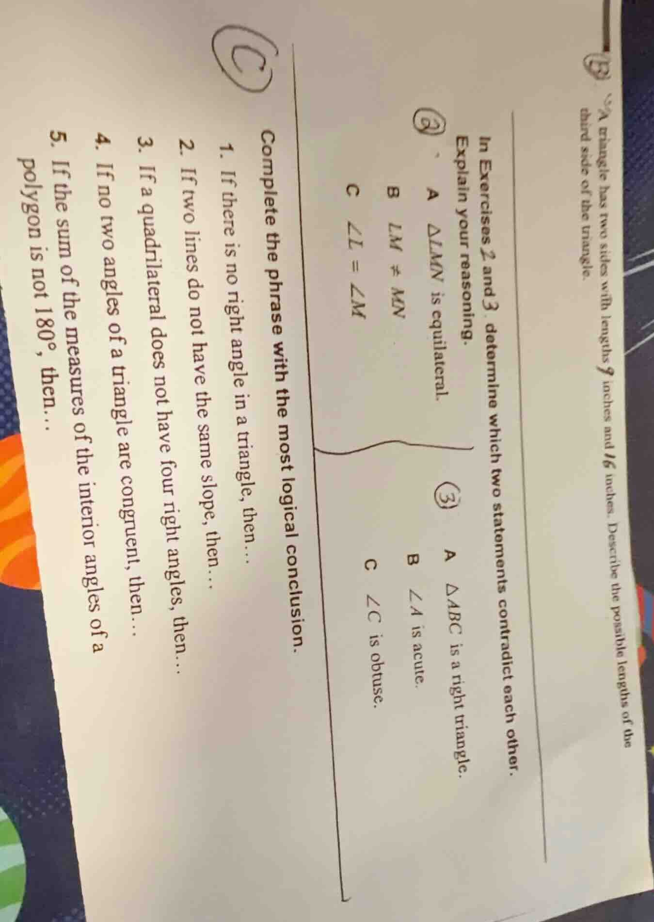 b a triangle has two sides with lengths 9 inches and 16 inches. describ…