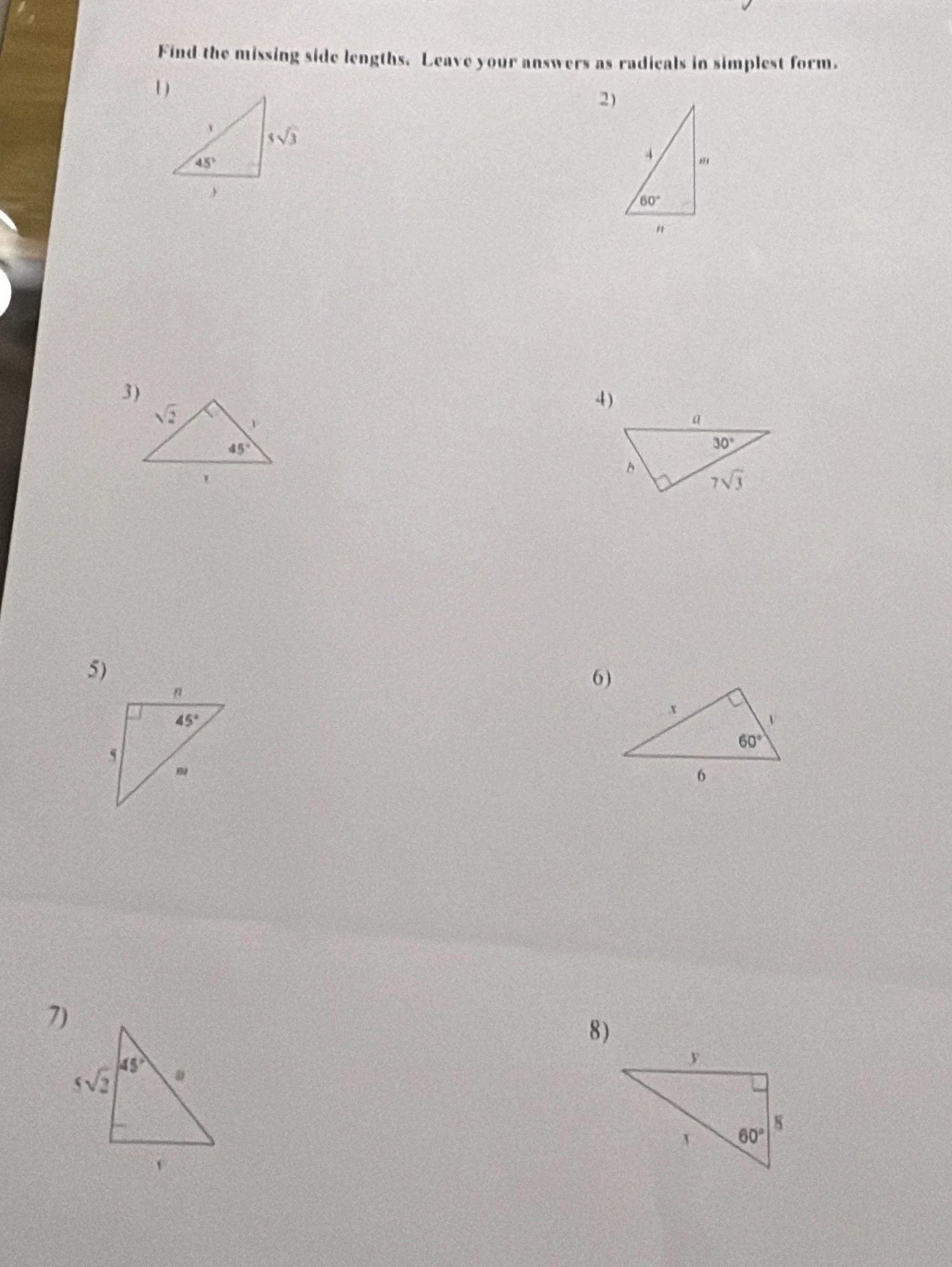 find the missing side lengths. leave your answers as radicals in simple…