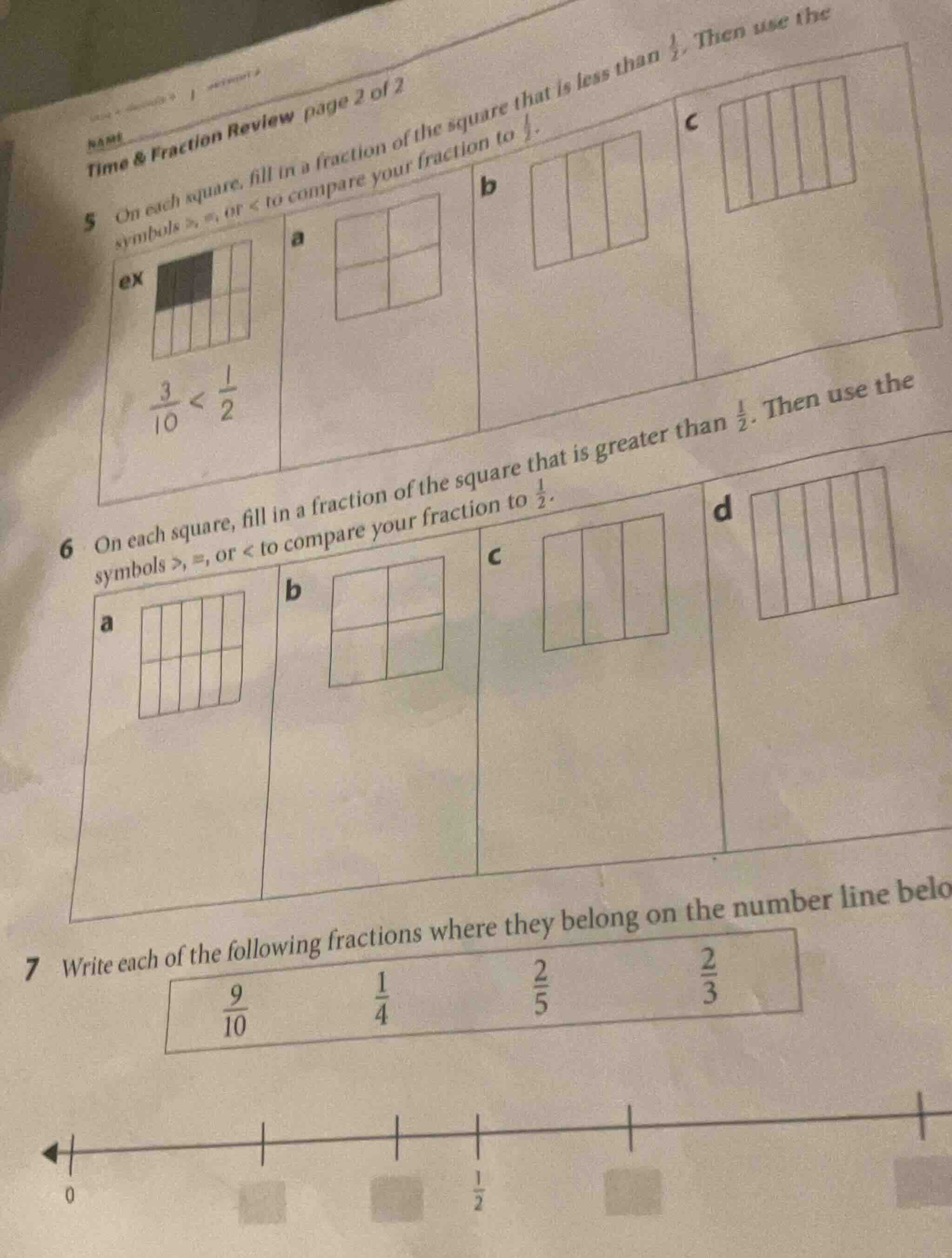 name time & fraction review page 2 of 2 5 on each square, fill in a fra…