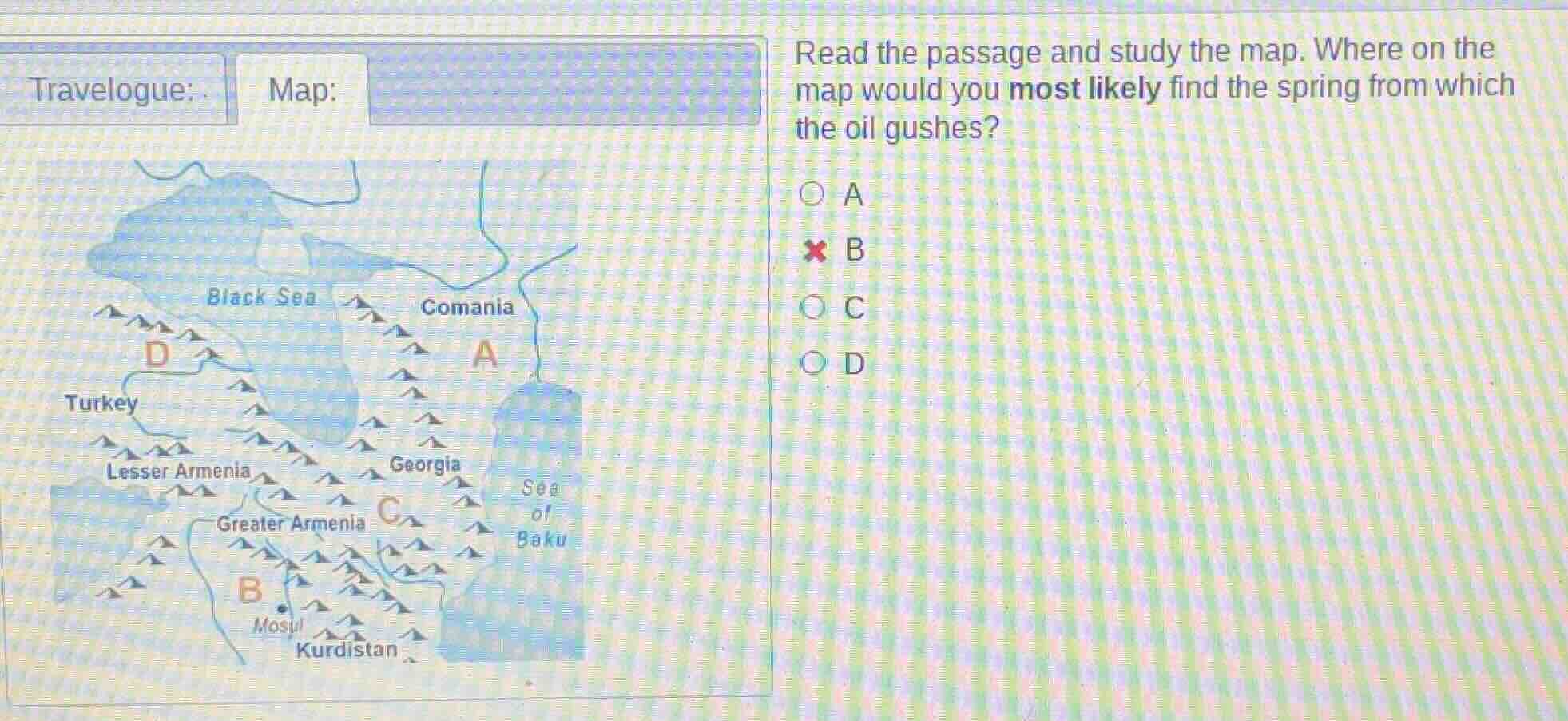travelogue:map:read the passage and study the map. where on the map wou…