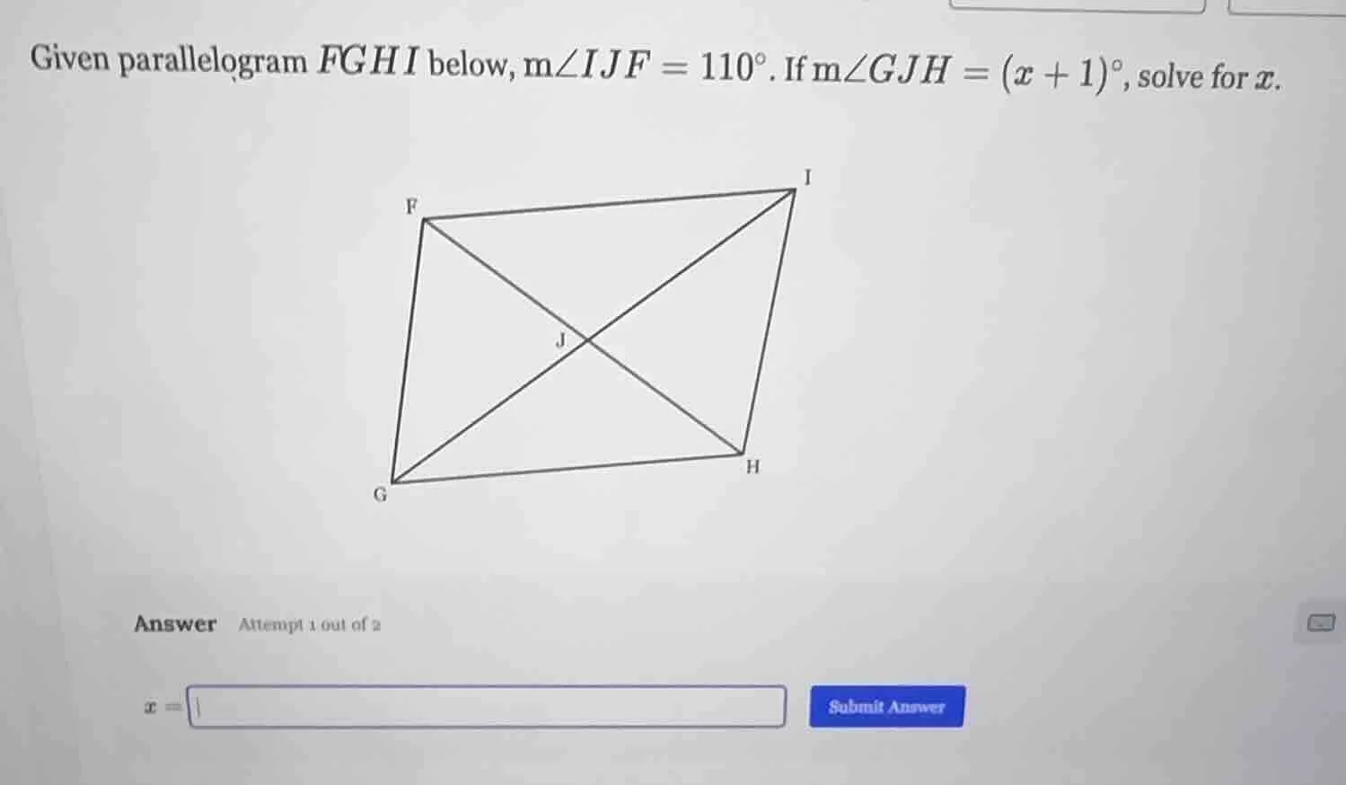 given parallelogram fghi below, $m\\angle ijf = 110^\\circ$. if $m\\ang…