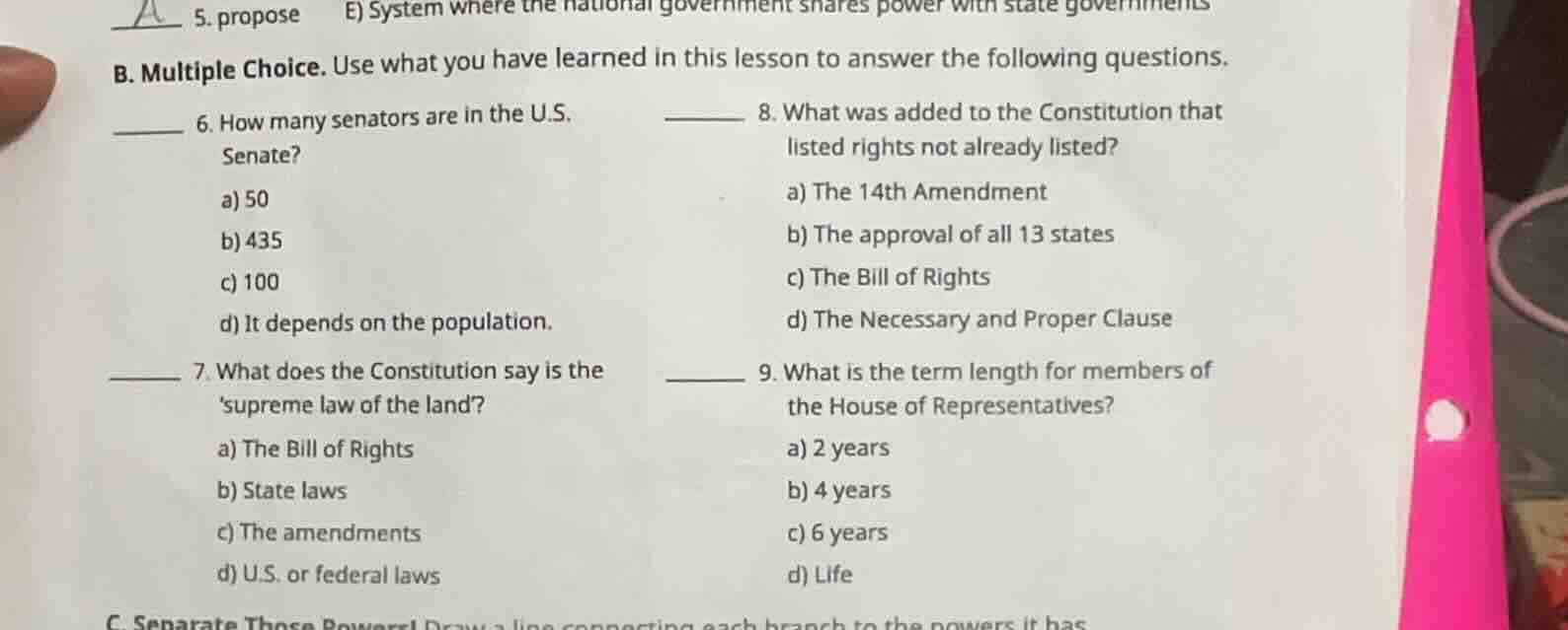 a 5. propose e) system where the national government shares power with …