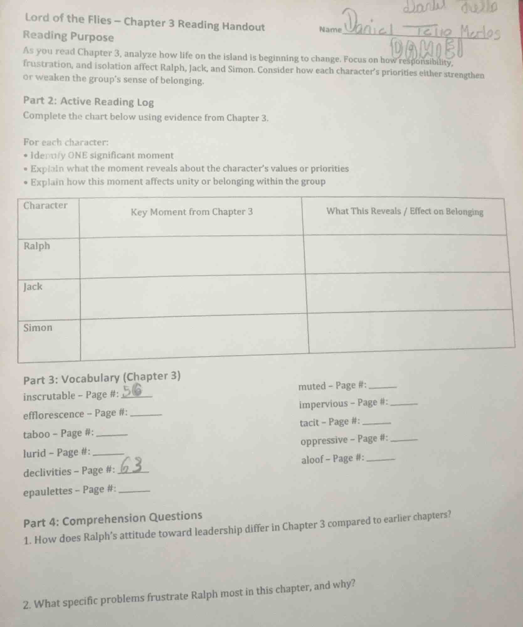 lord of the flies – chapter 3 reading handoutnamereading purposeas you …