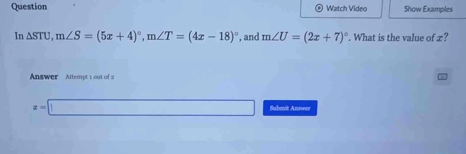question in $delta stu, \text{m}angle s=(5x + 4)^circ, \text{m}angle t=…