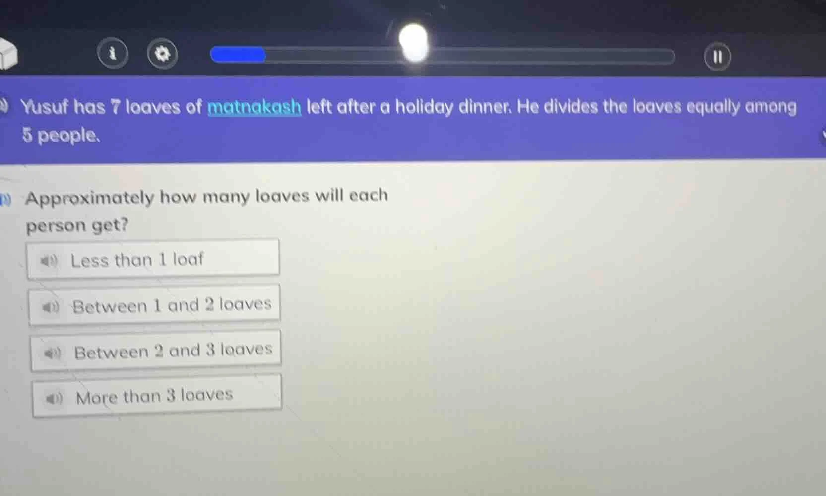 yusuf has 7 loaves of matnakash left after a holiday dinner. he divides…