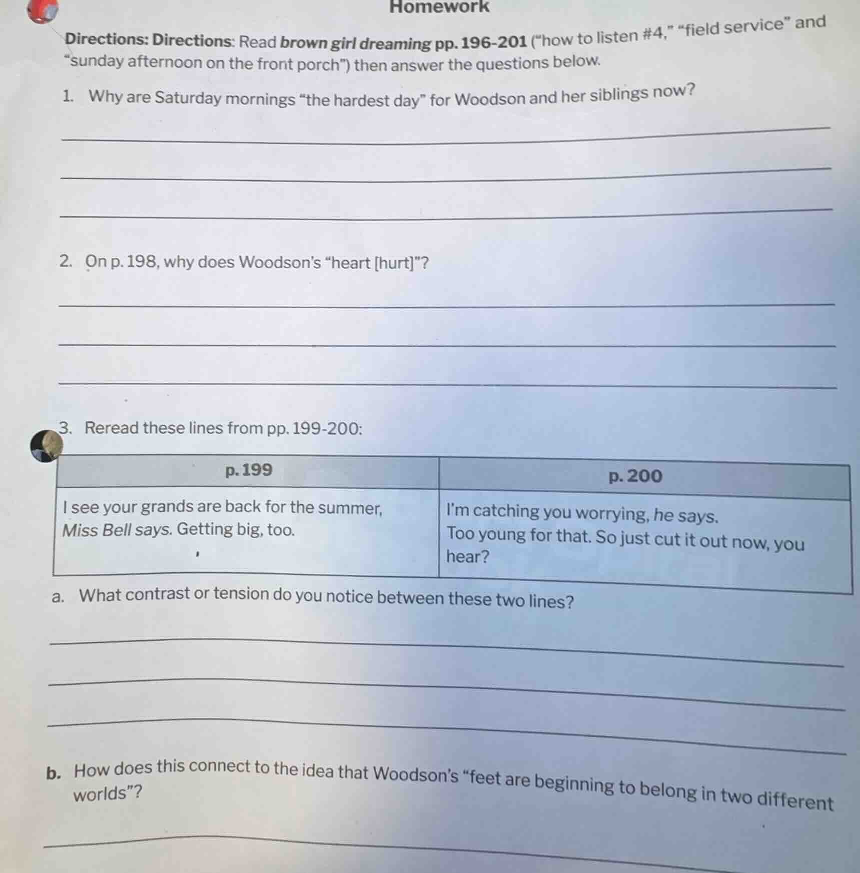 homework directions: directions: read brown girl dreaming pp.196-201 (\…