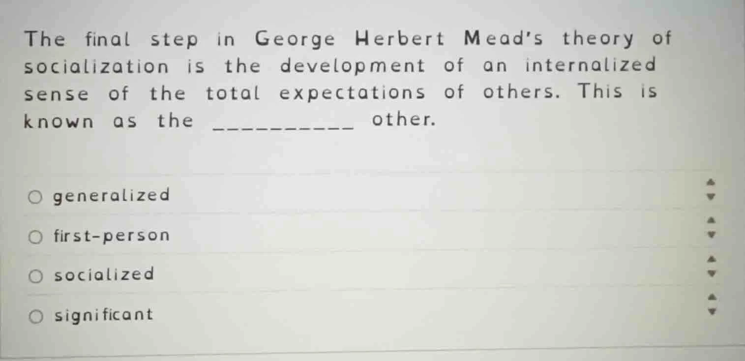 the final step in george herbert meads theory of socialization is the d…