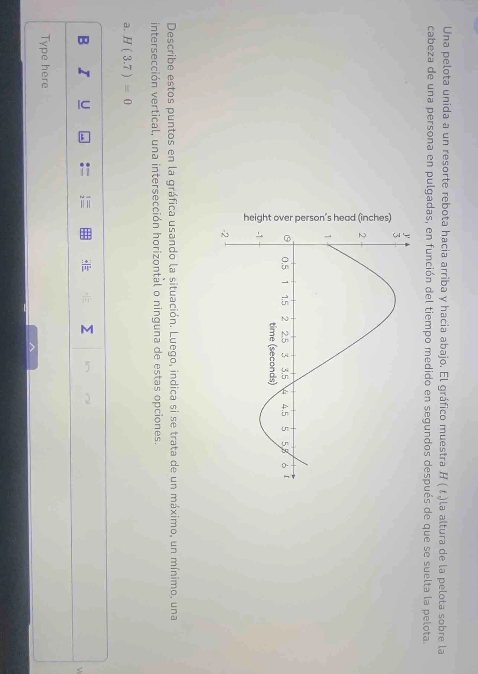 una pelota unida a un resorte rebota hacia arriba y hacia abajo. el grá…