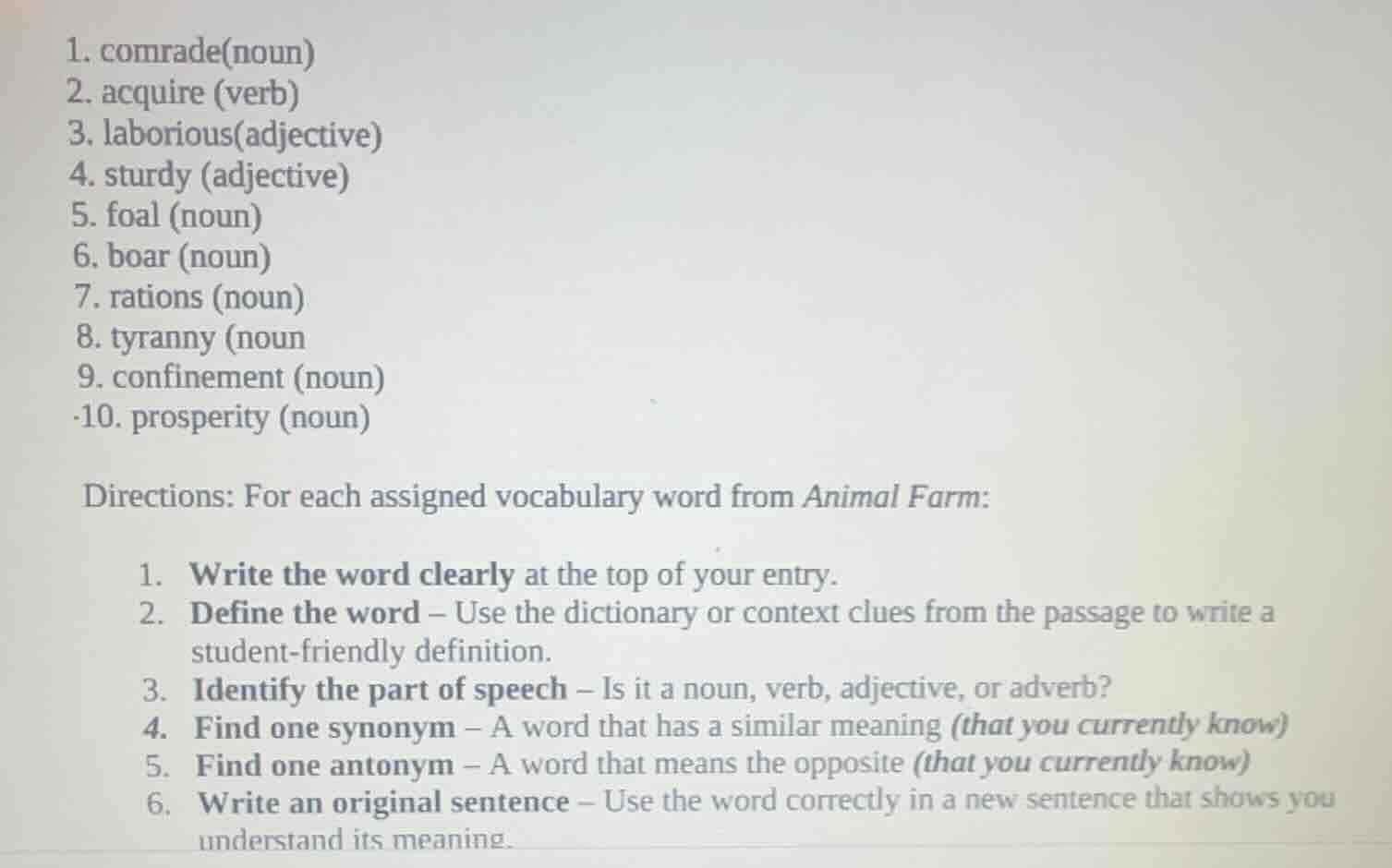 1. comrade(noun) 2. acquire (verb) 3. laborious(adjective) 4. sturdy (a…