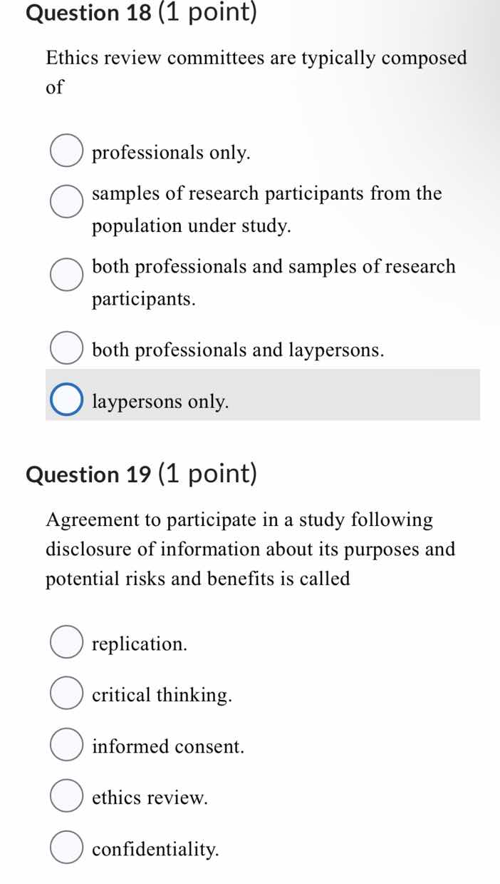 question 18 (1 point)ethics review committees are typically composed of…