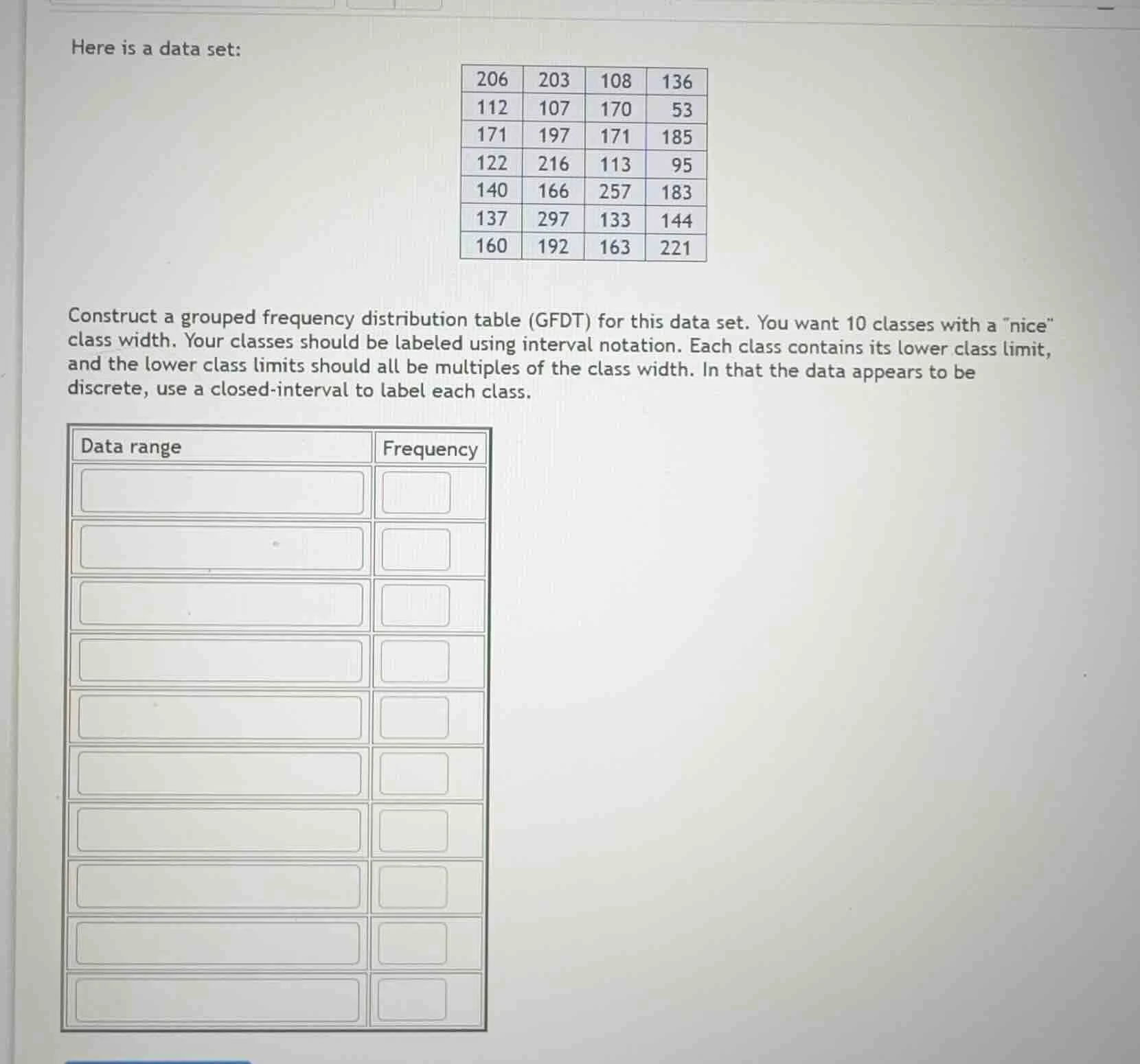 here is a data set: 206 203 108 136 112 107 170 53 171 197 171 185 122 …