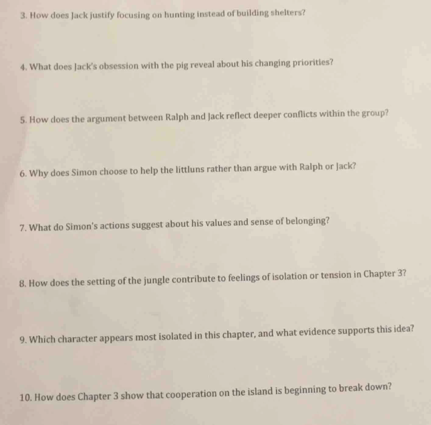 3. how does jack justify focusing on hunting instead of building shelte…