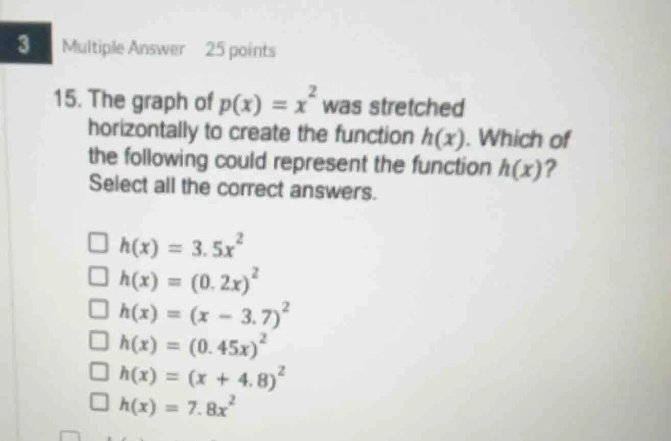 3 multiple answer 25 points 15. the graph of $p(x) = x^2$ was stretched…